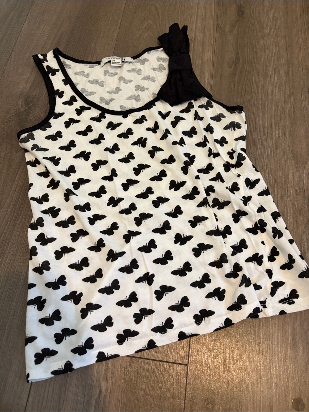 Forever 21 Black & White Butterfly Tank with Shoulder Bow